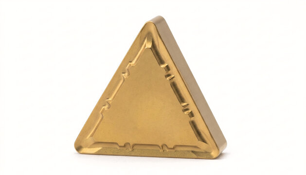 Macro of a triangular tungsten carbide turning insert. Shimmering gold TiN coating and sharp chipbreaker geometries. No engravings. Standing on a pure white background.