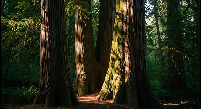 Giant ancient cedar trees in temperate rainforest with golden sunlight