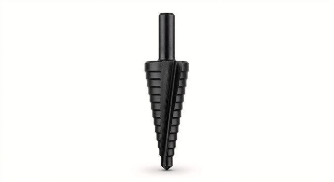 Studio photo of a black oxide HSS step drill bit. Conical shape with dual-flute design and defined steps. No markings. Standing upright on a pure white background.