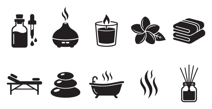 A collection of black silhouette icons representing spa and wellness elements, including massage table, hot stones, bath, diffuser, and towels, ideal for health and beauty concepts.