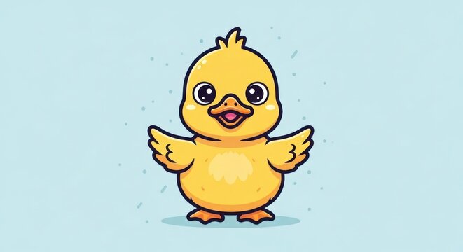 Cute cartoon yellow duckling standing with wings spread on a light blue background.