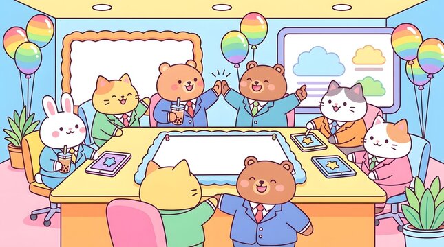 Cute anthropomorphic animals in business attire celebrating success and collabo n during a vibrant office meeting with balloons