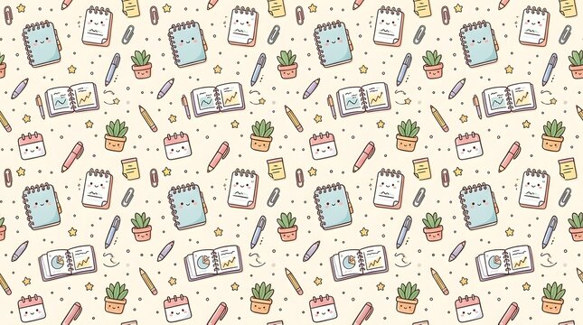 Cute doodle pattern of stationery items like notebooks pens and plants on a cream background