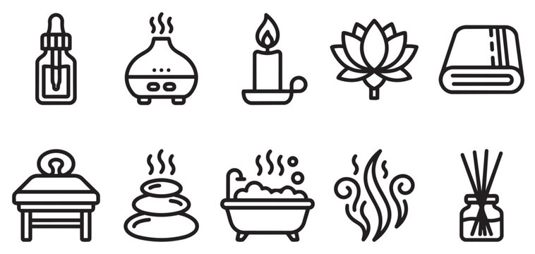 A set of clean, modern line art icons representing spa and wellness elements including massage table, hot stones, diffuser, candle, lotus, towel, bath, and diffuser reeds.
