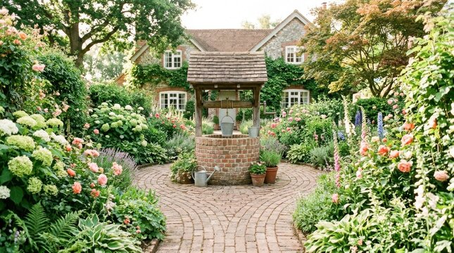 Charming brick well in a lush English cottage garden with blooming roses