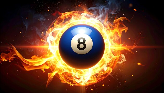 Fiery 8-ball floating mid-air with flares and smoke, surrounded by flames and sparks against a dark background