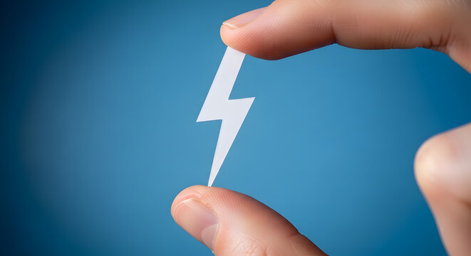 Hand holding white lightning bolt symbol on blue background, creativity concept