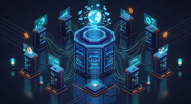 Futuristic Data Center Network Hub with Global Sphere
