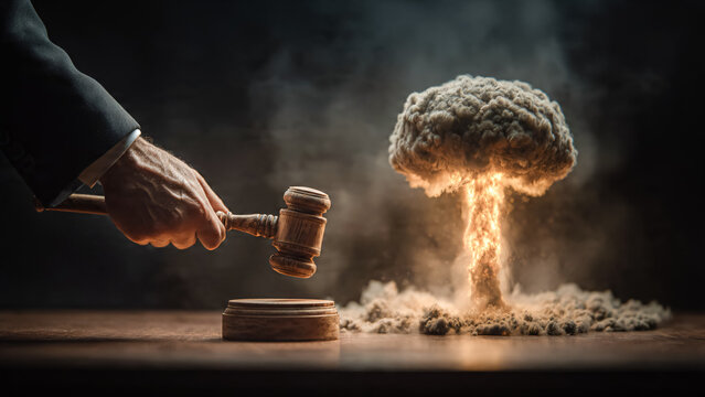 Concept de loi sur le nucl&eacute;aire, maillet en bois du juge et champignon nucl&eacute;aire