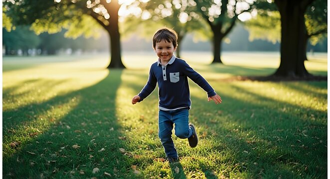 Happy little boy running on green grass in a sunny park at sunset
