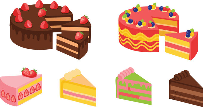 Collection of Delicious Layered Cakes with Frosting, Fruits, and Decorations for Bakery, Dessert, and Celebration Designs
