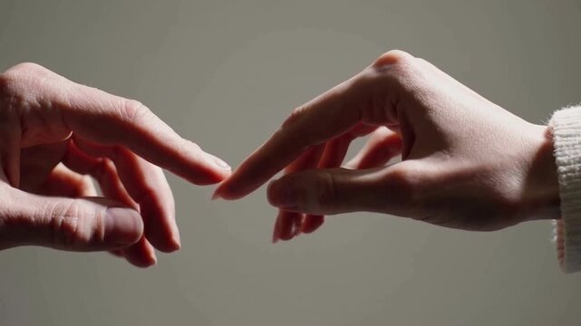Two hands reaching toward each other on neutral background. Concept of connection, distance and human relationship with minimal aesthetic and emotional tension.