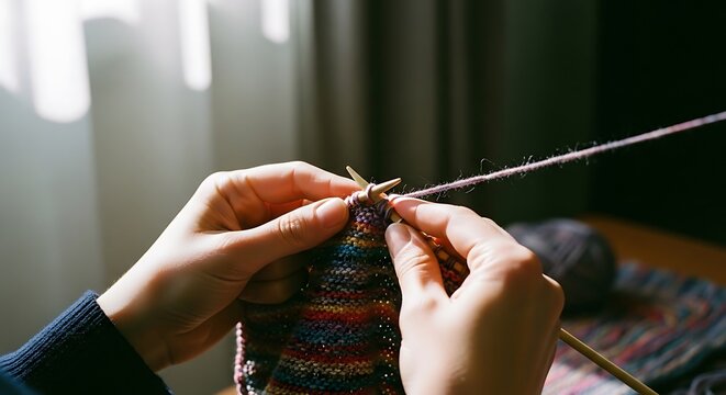 Close up of woman hands knitting colorful wool yarn with bamboo needles