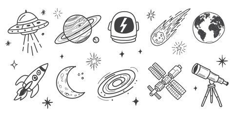 Hand drawn doddle  space theme vector illustration set with UFOs, rockets, planets, stars, comets, and astronauts in a doodle art style © Iconpro333 