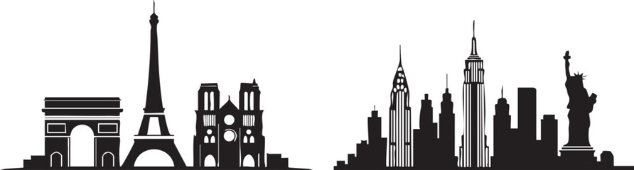 Fototapeta premium World Cities Skyline Silhouette Set Featuring Paris and New York City Landmarks and Famous Monuments