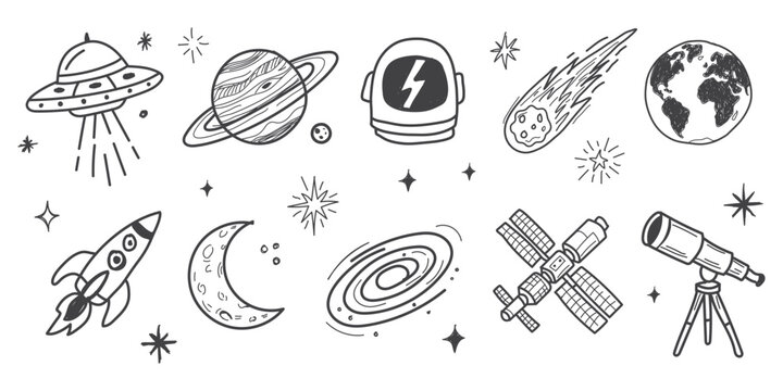 Hand drawn doddle  space theme vector illustration set with UFOs, rockets, planets, stars, comets, and astronauts in a doodle art style