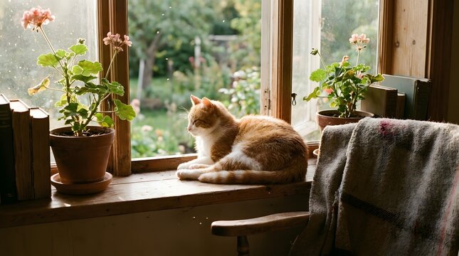 An orange and white cat rests on a ill by potted plants and books looking out a window at a garden