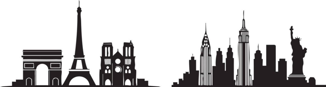 World Cities Skyline Silhouette Set Featuring Paris and New York City Landmarks and Famous Monuments