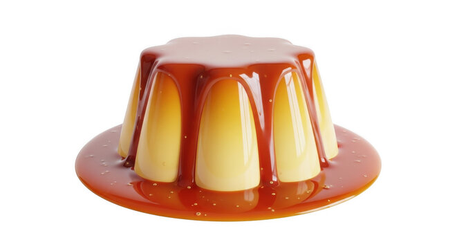 Goldencaramel pudding with dripping caramel on a plate isolated on transparent background