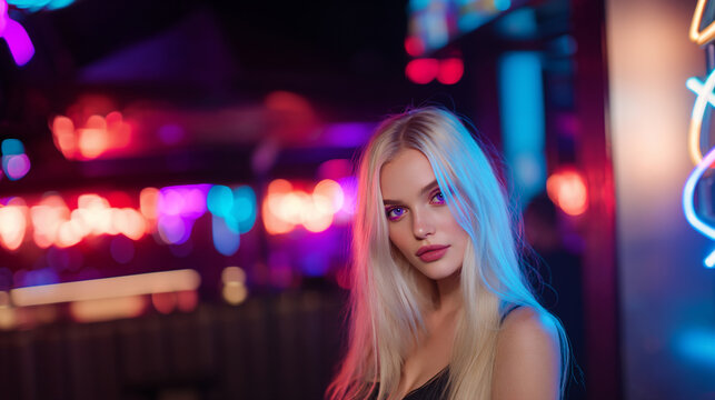 elegant blonde bartender portrait in nightclub, young beautiful woman working in stylish bar nightlife scene, glamorous blonde model with long hair in neon nightclub setting