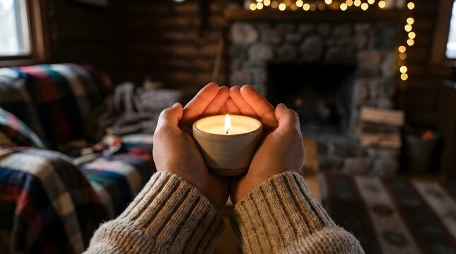 Hands holding a lit candle in a cozy rustic cabin with a fireplace