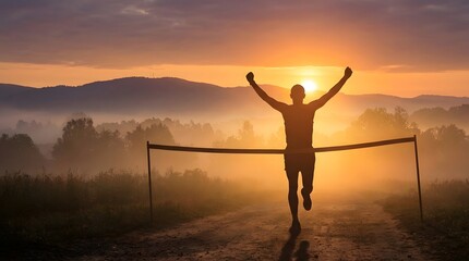 Fototapeta premium A triumphant runner breaks through the finish line tape with arms raised high amidst a breathtaking sunrise over misty hills