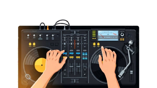 Audio engineer hands adjustments on professional dj sound console