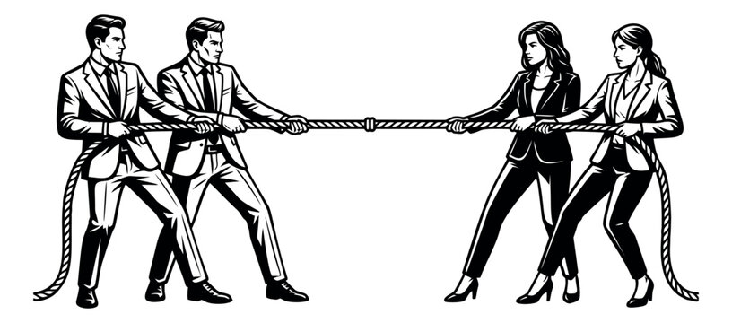 Engraving illustration of business tug of war depicting men and women competing in rope pull for corporate and competition design