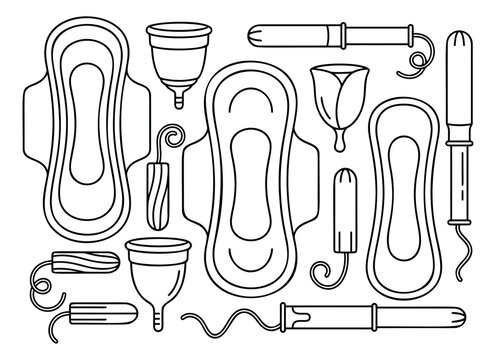 Outline icon set of 14 menstrual hygiene products featuring sanitary pads, tampons, menstrual cups and IUD for feminine care design