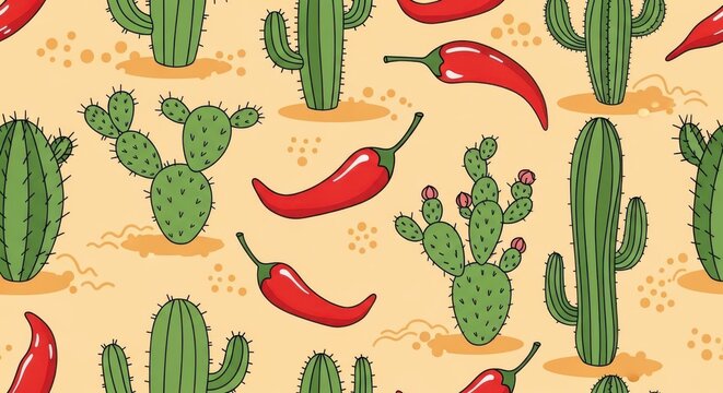 a seamless pattern of cartoon cacti and chili peppers on a beige background with a white border at t