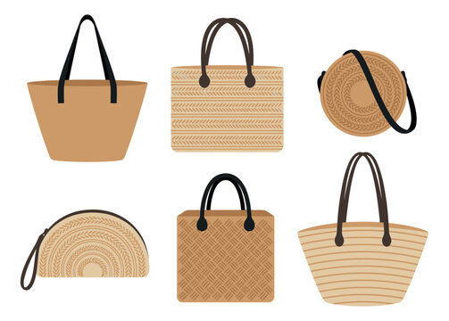Flat icon set of 6 woven straw bags featuring tote, clutch, round crossbody and basket styles for fashion design