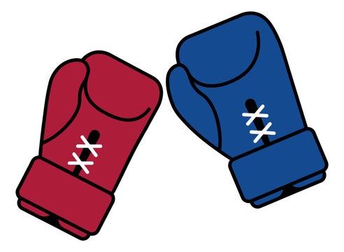 Cartoon illustration of red and blue boxing gloves depicting a fighting pair for sports and martial arts design