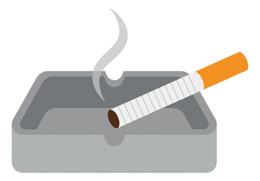 Flat illustration of a lit cigarette resting in an ashtray depicting smoking and ash for health and lifestyle design