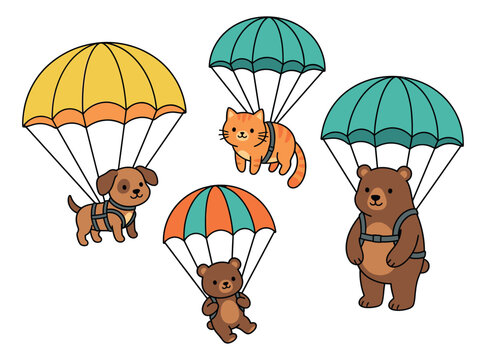 Cartoon icon set of 4 cute animals featuring dog, cat and bears skydiving with colorful parachutes for children design