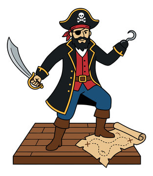 Cartoon illustration of a pirate captain depicting a swashbuckler with sword and hook hand standing over a treasure map for adventure design
