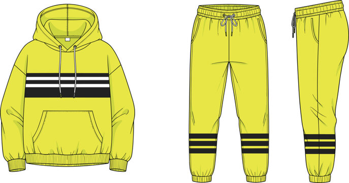 Yellow tracksuit technical sketch template featuring hoodie and jogger pants with striped details for fashion design apparel mockups and streetwear garment manufacturing illustrations.