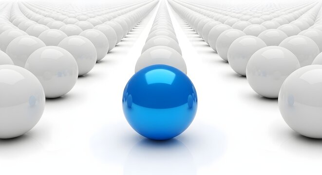 A solitary glossy blue sphere boldly stands out among numerous perfectly aligned rows of identical matte white spheres on a pristine white background, symbolizing uniqueness and individuality.
