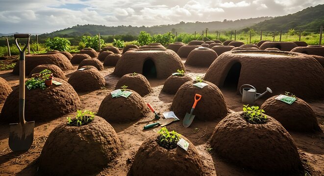 Earth mounds with plants and tools in a field.