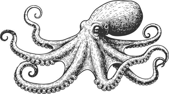 Detailed black and white octopus illustration with swirling tentacles and textured body