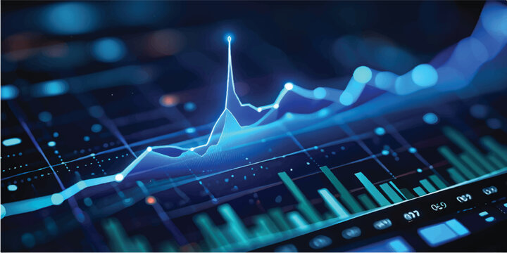 A close up of an audio sound mixer displays a digital heartbeat pulse and medical ECG graph line on a computer technology monitor for health data illustration