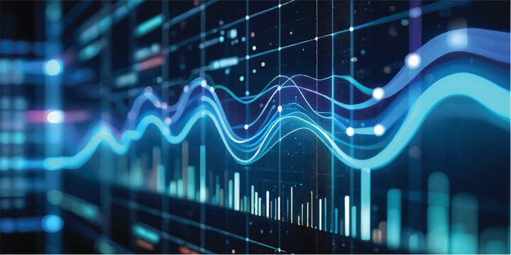 A digital technology display featuring a stock market graph and medical heartbeat pulse line illustrates the growth of finance and health data on a computer monitor