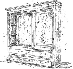 Fototapeta premium Rustic wooden wardrobe with sliding doors and side shelves vintage furniture sketch with aged texture