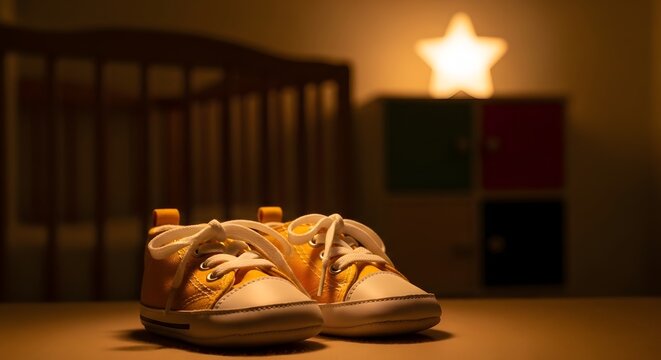 Sepatu bayi berwarna kuning di kamar tidur yang gelap dengan lampu malam berbentuk bintang
