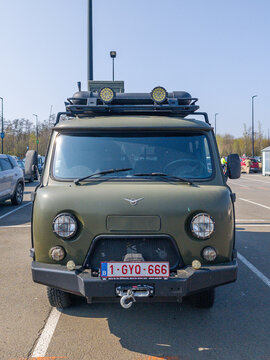 21 March 2026, Zemst, Belgium. Front view of UAZ Bukhanka camper van with winch