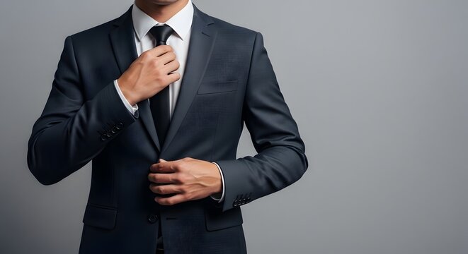 Pria profesional mengenakan setelan jas merapikan dasi hitamnya