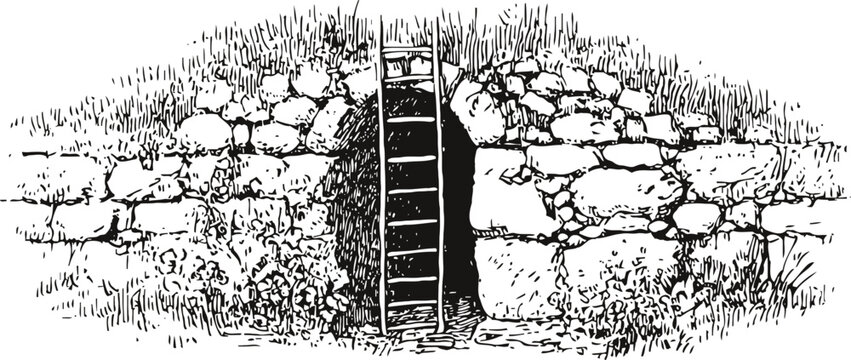 old stone wall entrance with wooden ladder leading underground, vintage black and white sketch