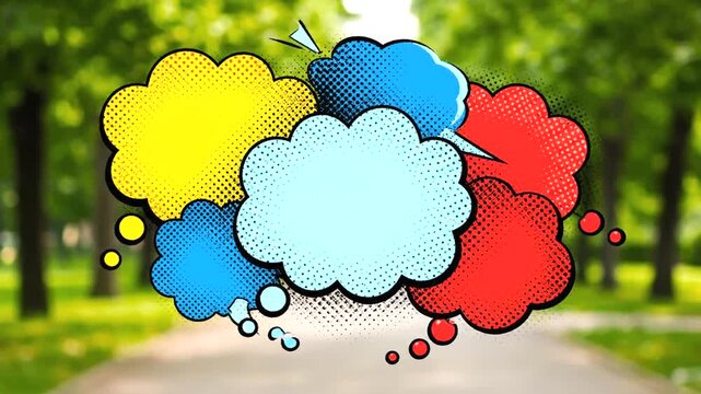 Colorful comic speech bubbles in park.