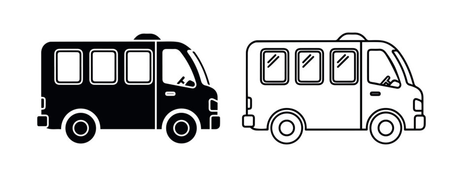  Black White Line Solid Minibus Side Stock Vector