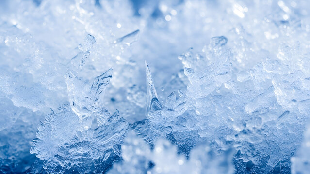 Jagged ice formations in shades of blue, showcasing crystalline structures and sharp edges