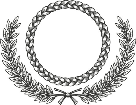 Wreath and laurel frame illustration with braided circular design and leafy branch decoration